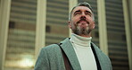 Thinking, employee and man in city, travel or ambition for career development, lawyer and urban road. Reflection, attorney and mature person with pride, commuting and thoughtful for case or trial