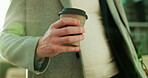 Coffee, hands and walking with business man in city for morning commute, beverage and professional. Espresso, travel and journey with person and cup outdoor for career opportunity and latte drink