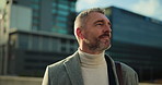 Business, thinking and man in street, smile and urban town with creative entrepreneur, pride or wonder. Mature person, outdoor or professional in city, decision or daydreaming with ideas or choice