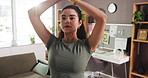 Woman, stretching and yoga for fitness in home with breathing exercise, body balance and wellness. Female person, namaste pose and awareness for pilates zen, holistic healing and flexibility routine
