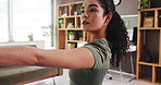Woman, yoga and stretching in home with warrior pose, breathing exercise and wellness in lounge. Girl, pilates and mindfulness in morning with flexibility, posture and zen with routine at apartment