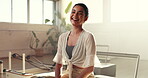 Face, health and woman on pilates machine, training or fitness center with reformer bed for wellness. Happy, person and equipment for core strength, laughing and exercise for morning routine in gym