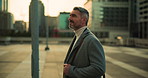Business, man and thinking with walking in city for morning commute, journey or startup opportunity. Entrepreneur, mature person and travel to work for dream job, career reflection and professional