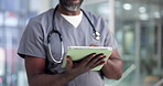 Hands, doctor and man in hospital, tablet and typing with connection, healthcare and email. Tech, employee or professional in clinic, wellness or digital app for online schedule, internet or research