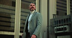 Businessman, thinking and walking with smile in city for travel, commute or startup opportunity. Low angle, mature person or journey to work for dream job, career reflection or entrepreneurship pride