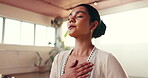 Breathing, meditation and yoga with woman in studio for awareness, balance or inner peace. Holistic exercise, mindfulness and relax with yogi person in fitness class for health, wellness or zen