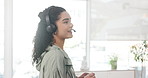 Woman, remote work and talk on headset at house for consultation, advice and customer service. Female person, laptop screen and advisor for financial faq, loan telecom and graphs for profit increase 