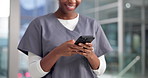 Woman, hands and admin nurse with phone for administration, schedule or setting online appointment. Closeup, female person or clinic administrator with mobile smartphone for telehealth app or booking