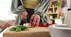 Person, hands and meal prep with banana for diet, smoothie or healthy ingredients for drink in home. Nutritionist, cut and preparation with fruit, strawberries or natural organic food for weight loss