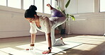 Ball, fitness and yoga with woman in studio for health, holistic routine or wellness. Exercise, equipment and flexibility with yogi person on wooden floor for balance, development or practice