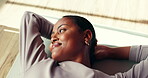 Thinking, woman and rest on mat in yoga class of fitness break, holistic exercise and inner peace. Above, female person and relaxing for zen, stress relief and spiritual recovery from pilates routine