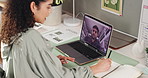 Laptop screen, video call and business woman with notes for financial update or writing info. Computer, webinar and team discussion with notebook for online meeting, investment or schedule in office