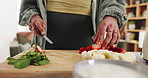 Hands, strawberries and blender in kitchen for smoothie, nutrition or wellness at apartment. Person, cutting fruit and meal prep for diet, drink and milkshake with organic ingredients for gut health