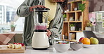Hands, blender and smoothie in kitchen with fruit, nutrition or meal prep for wellness at apartment. Person, machine and liquid diet with drink, milkshake or organic ingredients for detox at home