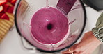 Blender, smoothie and hands of woman in kitchen with fruit drink, snack or diet breakfast. Health, wellness and top view of person with detox for juice cleanse in morning for weight loss in home.