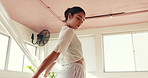 Ballet, pole and warm up with woman in studio for theater practice, recital or rehearsal. Balance, equipment and getting ready with person in dance class for artistic expression or preparation