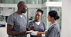 People, nurses and meeting with clipboard at hospital for planning, medical report and schedule notes. Staff, digital and team brainstorming for operation, healthcare checklist and treatment records