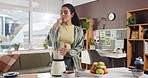 Woman, taste and lick with smoothie, blender or happy for flavor, nutrition and wellness at home. Girl, machine and liquid diet with milkshake, organic fruit and healthy drink for detox at apartment