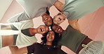Face, huddle and laughing with women in studio together for health, wellness or yoga from below. Exercise, fitness and funny with group of friends in circle for energy, excitement or pilates class
