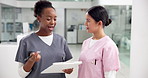 People, nurses and talking with clipboard at hospital for planning, medical report and schedule notes. Women, digital and team brainstorming for operation, healthcare checklist and treatment records