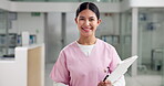 Face, woman and nurse with clipboard at hospital for career pride, medical report and surgery schedule. Portrait, person and about us with patient information, healthcare checklist and treatment plan