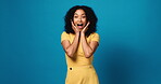 Excited, face and woman shocked with secret, gossip or announcement in studio on blue background. Portrait, mind blown or surprised girl with reaction gesture, omg and emoji expression or rumor space