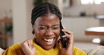 Black woman, phone call and excited for celebration in home, college acceptance or share good news. Mobile, win and happy student talking in living room for success, admission approval or achievement
