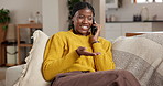 Phone call, happy and black woman in home for talking, laugh and communication with contact. Mobile, funny joke and person in conversation for humor, gossip and story with good news in living room
