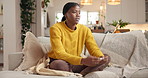 Black woman, pregnancy test and sad on sofa, home and thinking with infertility confirmation. African person, pregnant and negative results with stress, frustrated or stick on couch at apartment