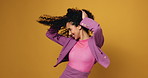 Woman, face and dancing in studio for celebration, success, movement and goals on yellow background. Girl, dancer and portrait with mock up space for rhythm, excited and achievement in Costa Rica