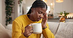 Coffee, stress and woman with headache in home, sick or burnout with tea beverage. Drink, migraine or black person with pain on sofa for tension, tired or overwhelmed with brain fog for mental health