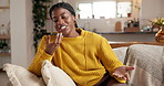 Black woman, phone call and talking on speaker in home with voicemail recording, audio message and contact. Voice note, person and smartphone with discussion, conversation and networking in house
