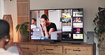 Back, woman and screen for watching tv at house for streaming, movie decision and series preview. Female person, relax and television with film options, review show and subscription for entertainment