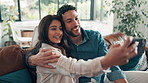 Happy couple, selfie and hug on sofa, home and peace sign for memory with post on web in living room. People, woman and man with laugh, photography or profile picture for social network at house