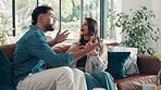 Couple, stress and fight on couch, home and argument with affair, divorce and shout in lounge. People, woman and man in living room, confused and frustrated in angry conversation on sofa at house