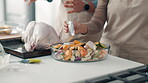 Hands, spice and vegetables with couple in kitchen of home together for recipe or roast dinner. Cooking, food flavor and salad with people in apartment for chicken, meal preparation or nutrition