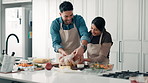 Cooking, happy and couple in kitchen with turkey for meal prep, dinner and festive lunch. Thanksgiving, talking and man with woman with ingredients, recipe and food for nutrition, dish or celebration