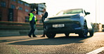 Police officer, man and angry for car ticket in road with conflict, speeding and driving violation. Public safety, traffic cop and vehicle driver with disagreement for expired registration and stop