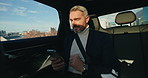 Business, mature man and phone in car for communication, social media and travel navigation. Male person, mobile and passenger in vehicle with schedule update, reading notification and check location