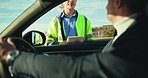 Traffic officer, stop and man in car, travel and public safety with transportation, violation and talking. People, law enforcement and driver with emergency, investigation and highway patrol