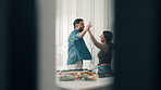Happy couple, dancing and cooking in kitchen with love, bonding and celebration at apartment. Man, woman and holding hands with rhythm, connection and energy for movement with relationship at home