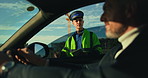 Traffic officer, stop and man in car, city and public safety with transportation, violation and talking. People, law enforcement or driver with emergency, highway patrol and road block with direction