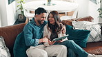 Home, tablet and couple on couch, funny and bonding together with social media, love and humor. Apartment, happy man and woman with tech, laughing and relax with comedy videos, joke and relationship