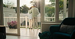 Back, hug and son with father on patio of home for bonding, safety or security as family. Break, love or trust with boy child and single parent man embracing outdoor on veranda of apartment together