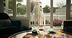 Break, hug and son with father on patio of home for bonding, safety or security as family. Back, love or trust with boy child and single parent man embracing outdoor on veranda of apartment together