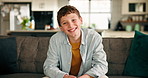 Happy, sofa and face of child in home with confidence, positive attitude and break on weekend, Relax, smile and portrait of boy kid from Canada with pride on couch in living room at apartment.