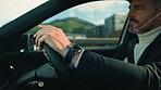 Business, commute and watch with man in car for transportation to job or work location. Road, traffic and travel with hand of corporate employee in vehicle for morning journey to destination