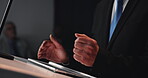 Stage, hands and politician with speech, election and presentation for press conference or audience. Public speaker, minister or person with announcement for economic development or government policy