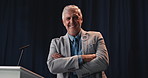 Man, face and speaker with arms crossed for election, smile and campaign speech for political party. Mature person, portrait and politician at podium, pride and presentation for voter support in USA