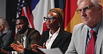 Press conference speech, politics and woman with group, delegation or international government panel. Summit, people and politician talk at event for diplomacy debate, global forum or policy update